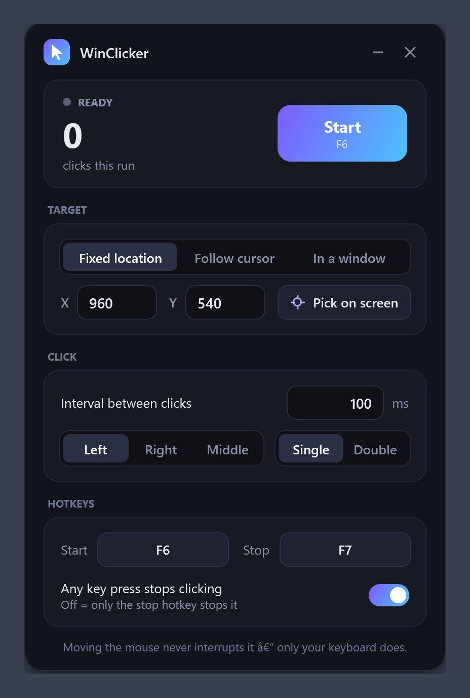 WinClicker auto clicker main window showing target mode, click interval, mouse button and hotkey settings